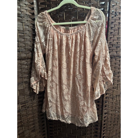 Lildy Full Lace Tunic Top Womens XL  Off Shoulder Bell Sleeve Peach - Picture 1 of 7